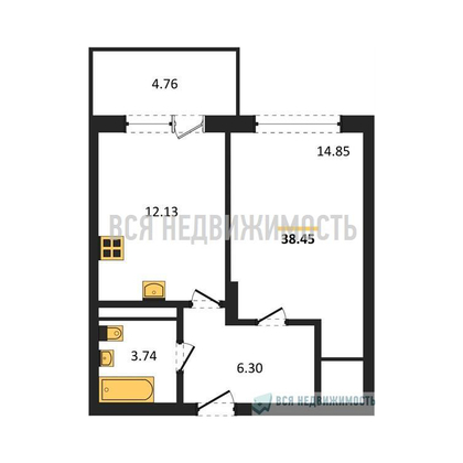 1-комнатная квартира, 38.45кв.м - изображение