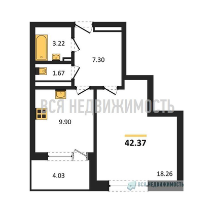 1-комнатная квартира, 42.37кв.м - изображение
