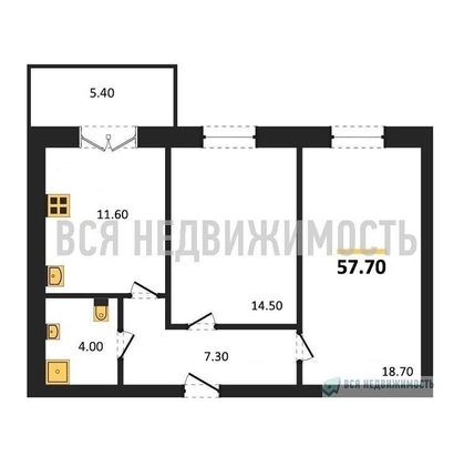 2-комнатная квартира, 57.7кв.м - изображение