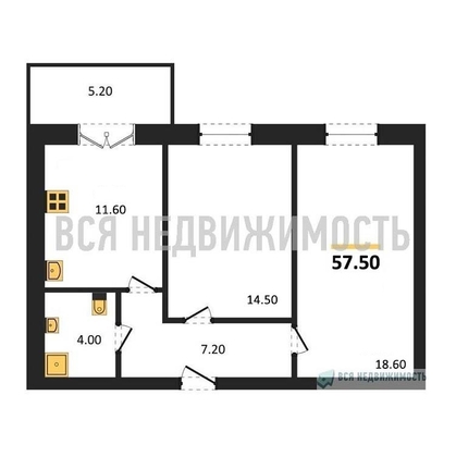 2-комнатная квартира, 57.5кв.м - изображение