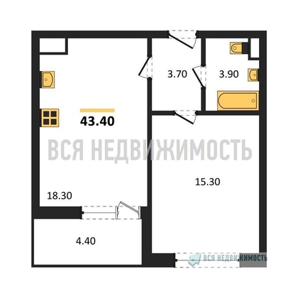 1-комнатная квартира, 43.4кв.м - изображение