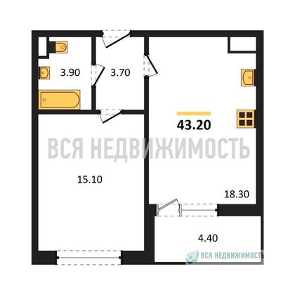 1-комнатная квартира, 43.2кв.м - изображение