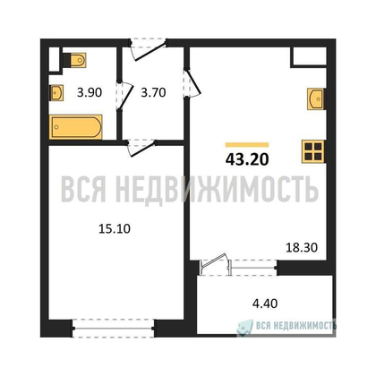 1-комнатная квартира, 43.2кв.м - изображение