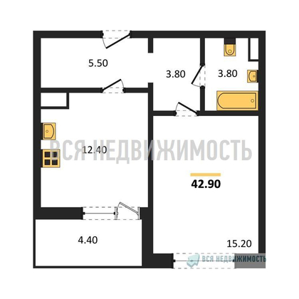 1-комнатная квартира, 42.9кв.м - изображение