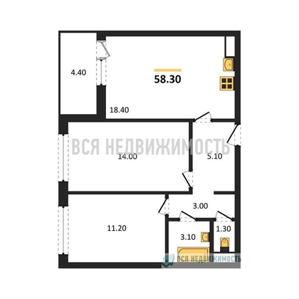 2-комнатная квартира, 58.3кв.м - изображение