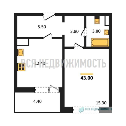 1-комнатная квартира, 43кв.м - изображение