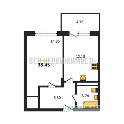 1-комнатная квартира, 38.45кв.м - изображение