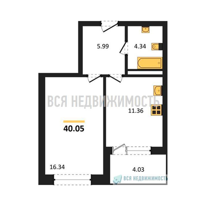 1-комнатная квартира, 40.05кв.м - изображение
