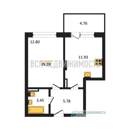 1-комнатная квартира, 35.39кв.м - изображение