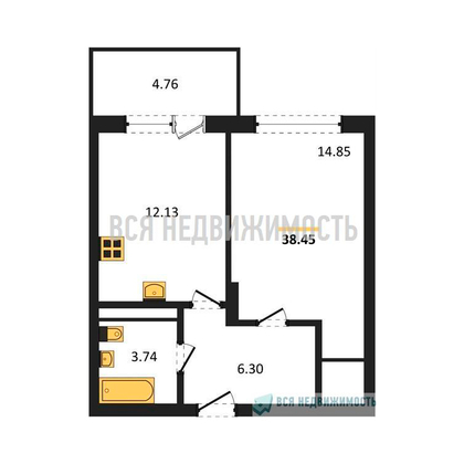 1-комнатная квартира, 38.45кв.м - изображение