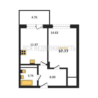 1-комнатная квартира, 37.77кв.м - изображение