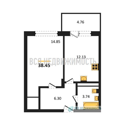1-комнатная квартира, 38.45кв.м - изображение