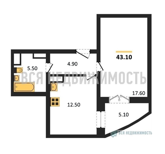 1-комнатная квартира, 43.1кв.м - изображение 0