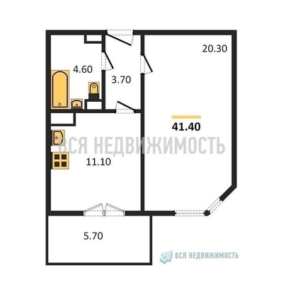 1-комнатная квартира, 41.4кв.м - изображение