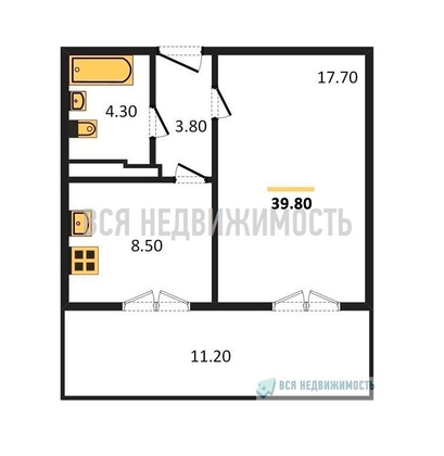 1-комнатная квартира, 39.8кв.м - изображение