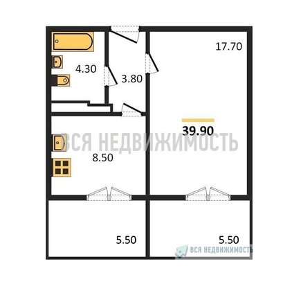 1-комнатная квартира, 39.9кв.м - изображение