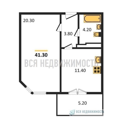 1-комнатная квартира, 41.3кв.м - изображение