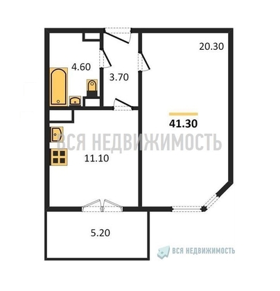 1-комнатная квартира, 41.3кв.м - изображение