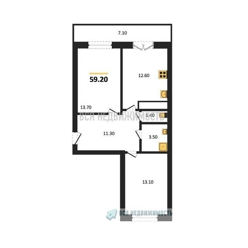 2-комнатная квартира, 59.2кв.м - изображение 0