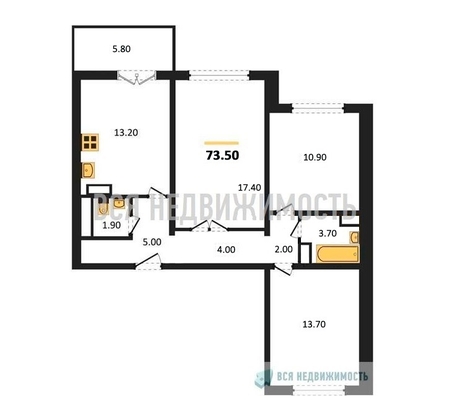 3-комнатная квартира, 73.5кв.м - изображение