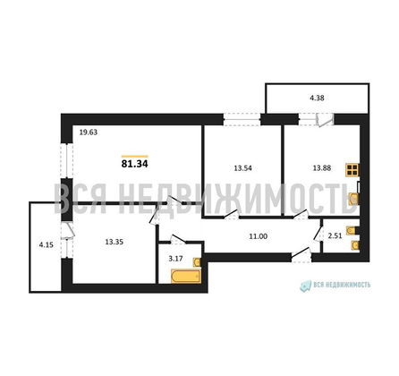 3-комнатная квартира, 81.34кв.м - изображение