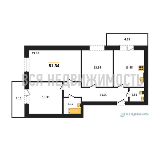 3-комнатная квартира, 81.34кв.м - изображение 0