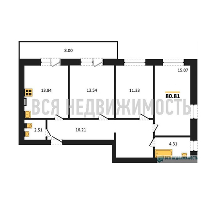 3-комнатная квартира, 80.81кв.м - изображение