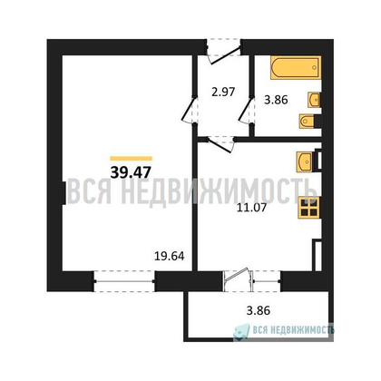 1-комнатная квартира, 39.47кв.м - изображение