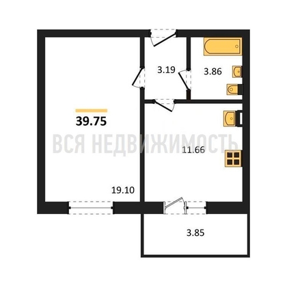 1-комнатная квартира, 39.75кв.м - изображение