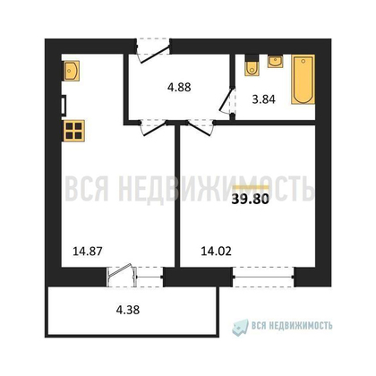 1-комнатная квартира, 39.8кв.м - изображение