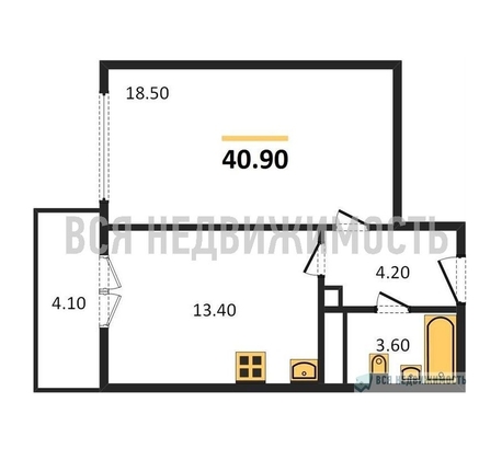 1-комнатная квартира, 40.9кв.м - изображение