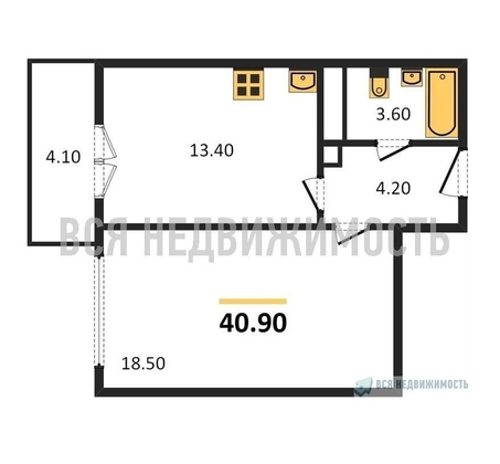 1-комнатная квартира, 40.9кв.м - изображение