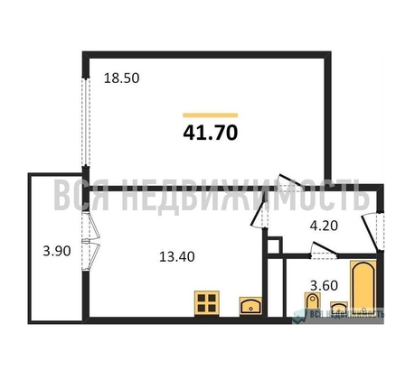 1-комнатная квартира, 41.7кв.м - изображение