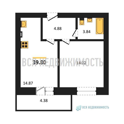 1-комнатная квартира, 39.8кв.м - изображение