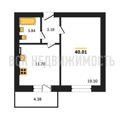 1-комнатная квартира, 40.01кв.м - изображение