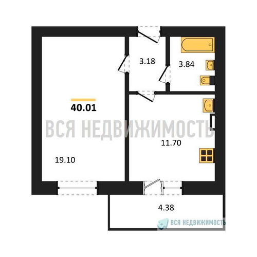 1-комнатная квартира, 40.01кв.м - изображение 0