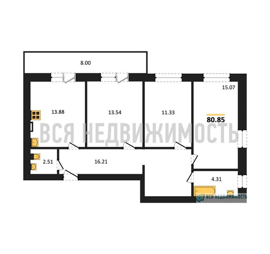 3-комнатная квартира, 80.85кв.м - изображение 0