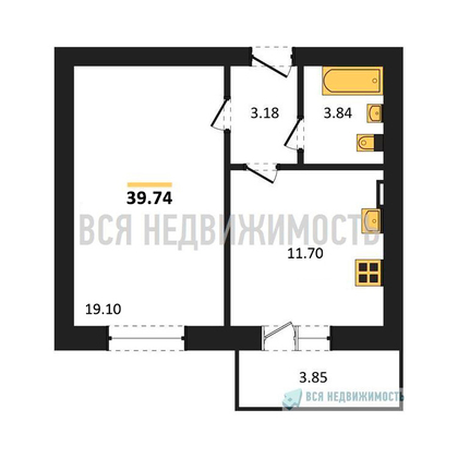 1-комнатная квартира, 39.74кв.м - изображение