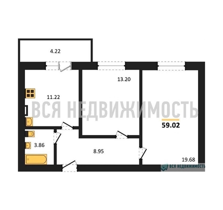 2-комнатная квартира, 59.02кв.м 2-комнатная квартира, 59.02кв.м - изображение