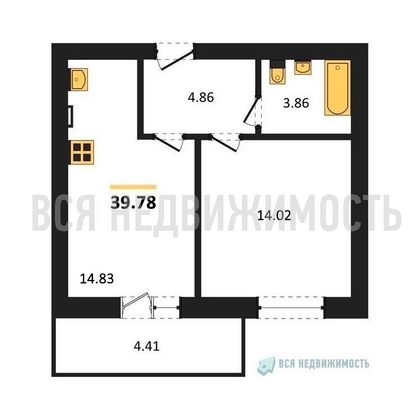 1-комнатная квартира, 39.78кв.м - изображение