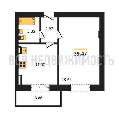 1-комнатная квартира, 39.47кв.м - изображение