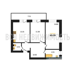 2-комнатная квартира, 60.99кв.м 2-комнатная квартира, 60.99кв.м - изображение 1