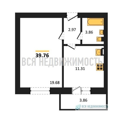 1-комнатная квартира, 39.76кв.м - изображение