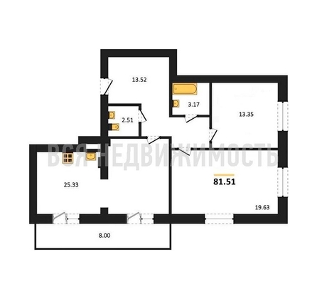 2-комнатная квартира, 81.51кв.м - изображение
