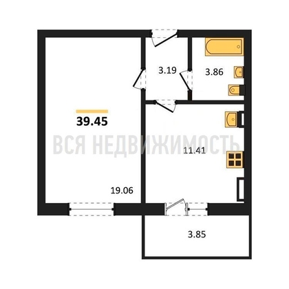 1-комнатная квартира, 39.45кв.м - изображение