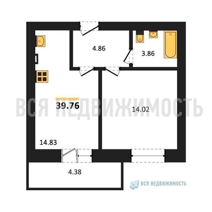 1-комнатная квартира, 39.76кв.м - изображение
