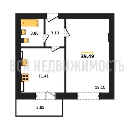 1-комнатная квартира, 39.49кв.м - изображение