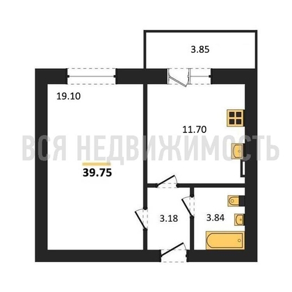 1-комнатная квартира, 39.75кв.м - изображение