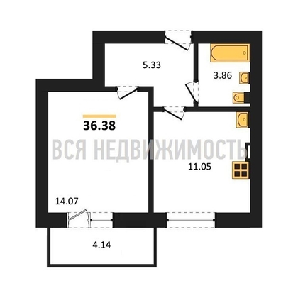1-комнатная квартира, 36.38кв.м - изображение