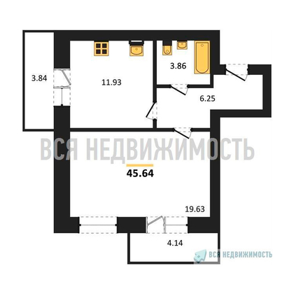 1-комнатная квартира, 45.64кв.м - изображение